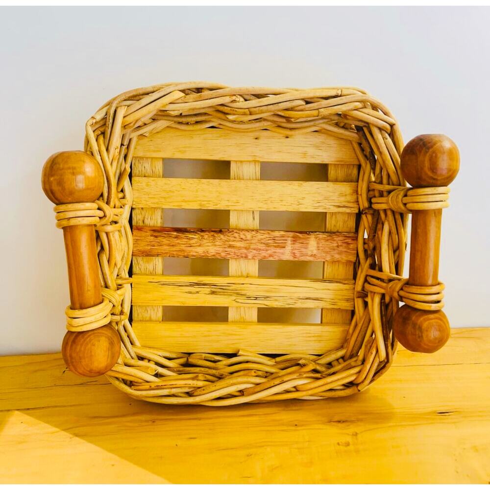 Basket Vtg Woven Wicker Handles Wood Slats Centerpiece Bread